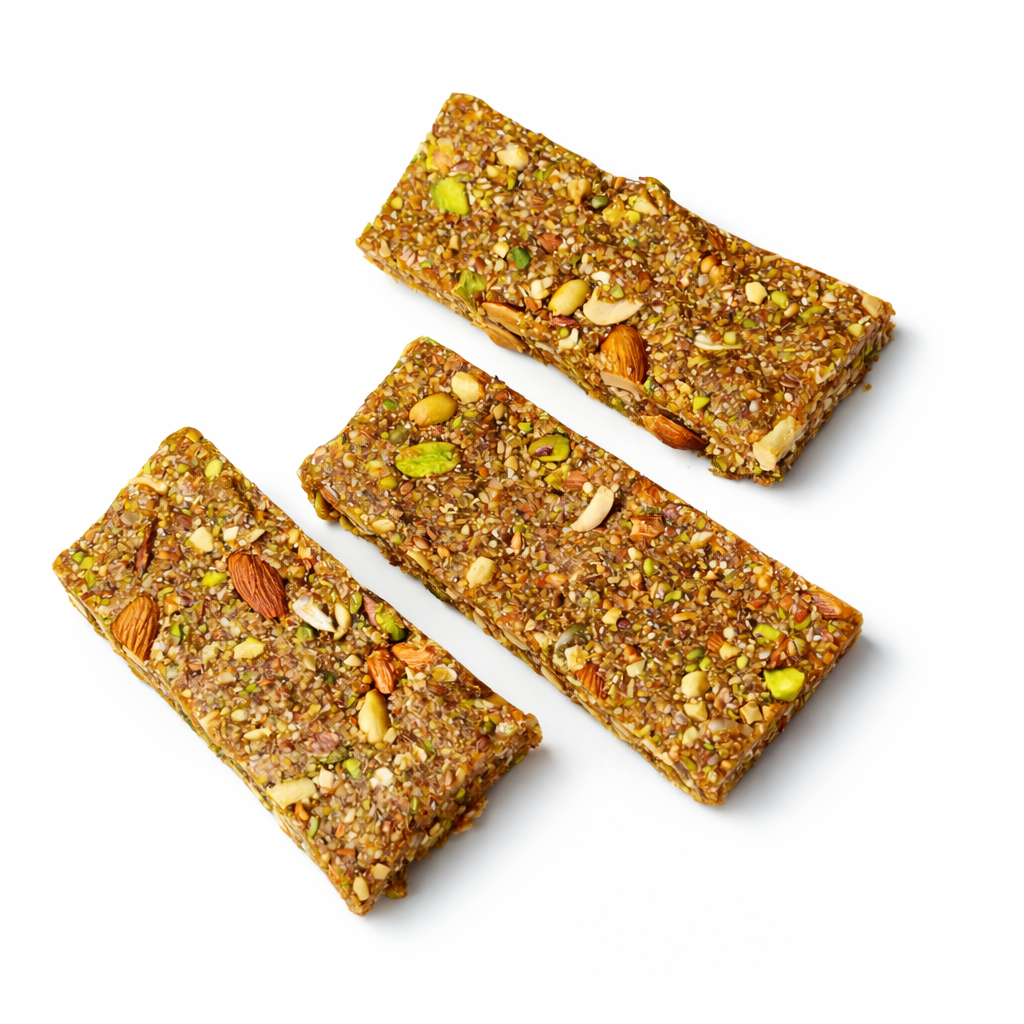 Nutricrunz date-based meal replacement energy bar with almonds, pistachios, peanuts and mixed seeds on a white background
