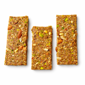 Nutricrunz energy bar made with dates, almonds, pistachios, rolled oats, peanuts and mixed seeds