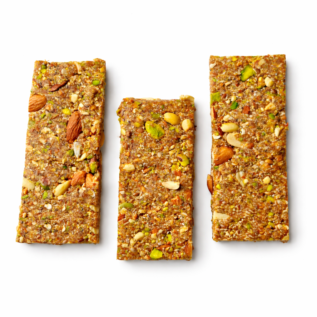 Nutricrunz energy bar made with dates, almonds, pistachios, rolled oats, peanuts and mixed seeds